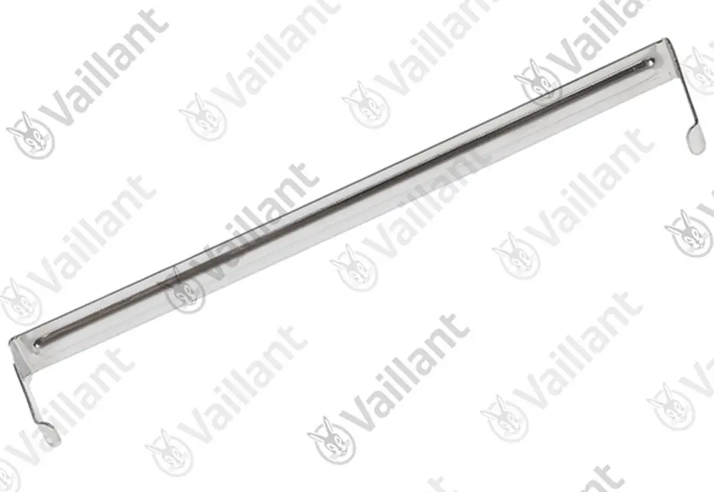 Vaillant Abdeckung in länglicher Form mit zwei seitlichen Haken zur Befestigung. Die Oberfläche ist glänzend und metallisch.